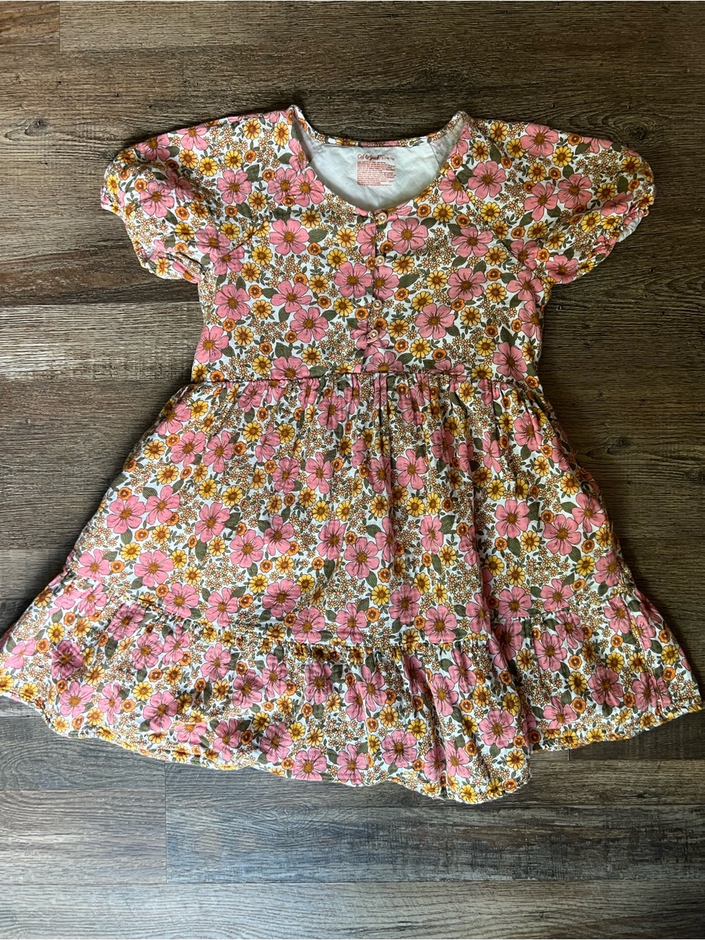 Cat & Jack Pink 100% Cotton Short-Sleeve Dress - Pink/Yellow Floral